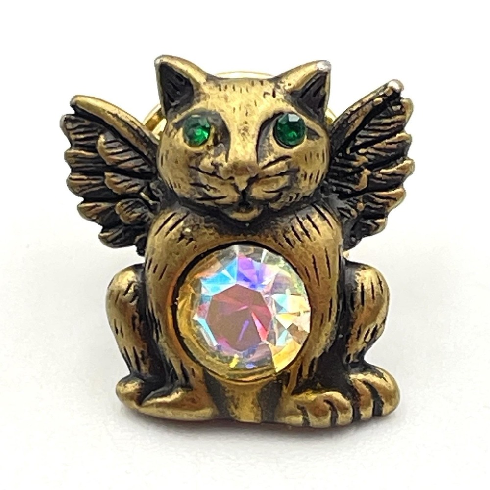 Vintage 1982‎ GA T&T Inc Pet Pals Winged Cat Rhinestone Belly Eyes Lapel Pin